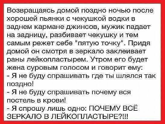 Возвращаясь домой поздно ночью после хорошей пьянки с чекушкой водки в заднем кармане джинсов мужик падает на задницу разбивает чекушку и тем самым режет себе пятую точку Придя домой он смотря в зеркало заклеивает раны лейкопластырем Утром его будет жена суровым голосом и говорит ему Я не буду опрашивать где ты шлялся так поздно Я не буду спрашивать почему вся постель в крови Я спрошу лишь одно ПО