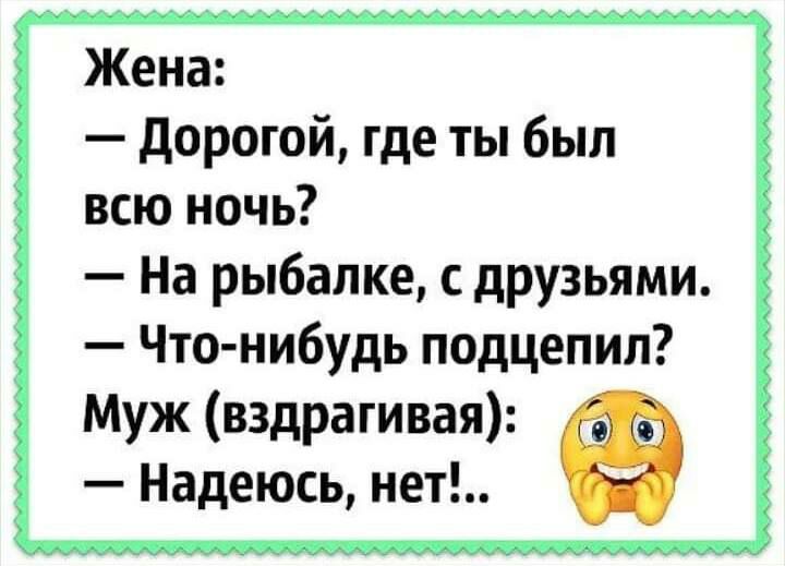 Жена дорогой где ты был всю ночь На рыбалке с друзьями Что нибудь подцепил Муж вздрагивая с Надеюсь нет