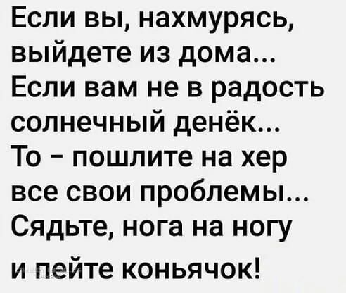 Если вы нахмурясь выйдете из дома Если вам не в радость солнечный денёк То пошлите на хер все свои проблемы Сядьте нога на ногу и пейте коньячок