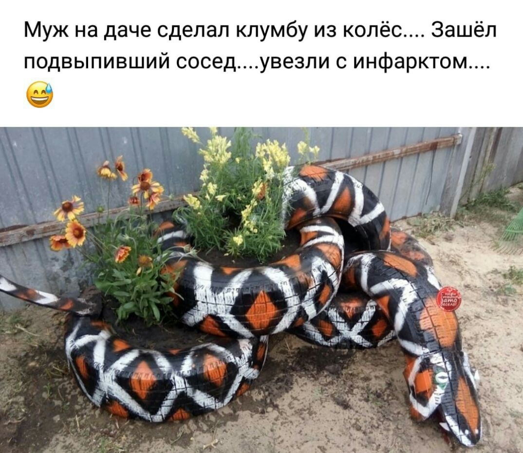 Муж на даче сделал клумбу из колёс Зашёл подвыпивший соседувезли с инфарктом