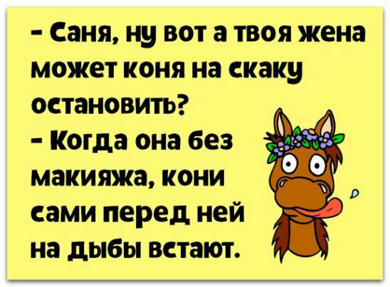 Саня ну вот а твоя жена может коня на скаку остановить Когда она без макияжа кони сами перед ней на дыбы встают