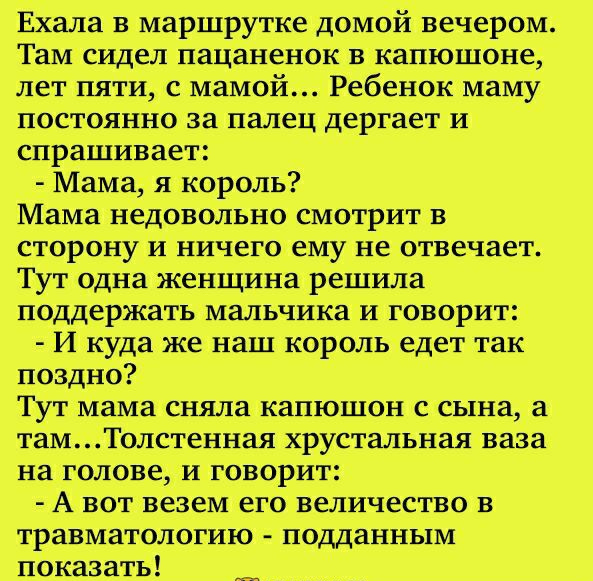 Ехала в маршрутке домой вечером Там сидел пацаненок в капюшоне лет пяти смамой Ребенок маму постоянно за палец дергает И спрашивает Мама я зкороль Мама недовольно смотрит в сторону и ничего ему неотвечает Тут одна женщина решила поддержать мальчика и говорит И куда же наш корольедеттак поздно Тут мама сняла капюшон с сына а тамТолстенная хрустальная ваза на голове и говорит А вот везеМ его величес