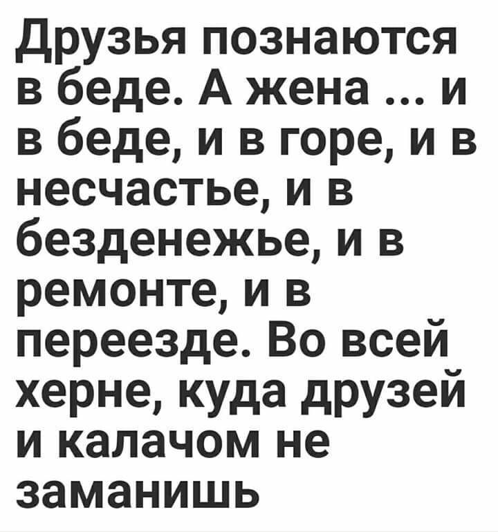 Друзья познаются в беде А жена и в беде и в горе и в несчастье и в безденежье и в ремонте и в переезде Во всей херне куда друзей и калачом не заманишь
