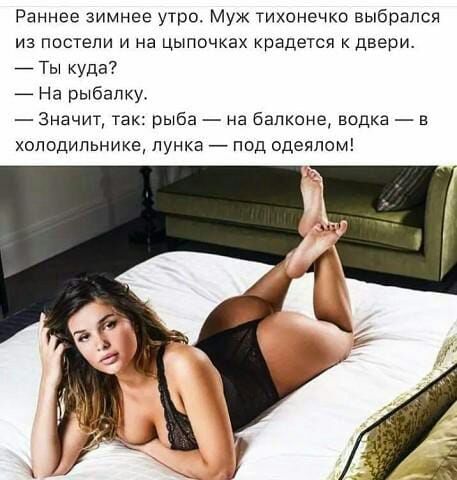 Раннее зимнее утро Муж тихонечко выбрался из постели и на цыпочках крадется к двери 7 Ты куда _ На рыбалку Значит так рыба на балконе водка в холодильнике лунка под одеялом