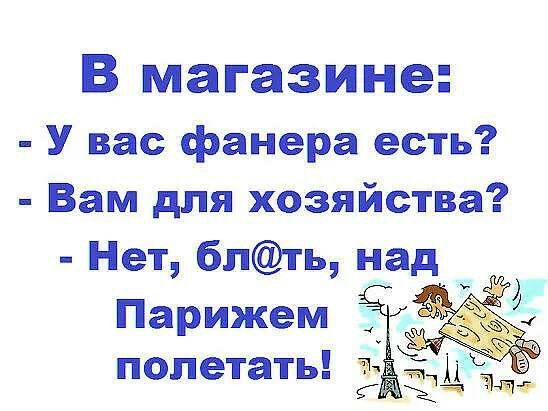 В магазине У вас фанера есть Вам для хозяйства Нет блть над Парижем полетать