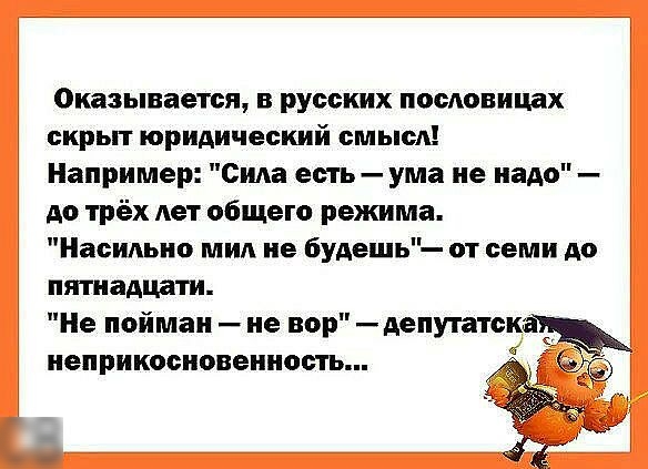 Оказывается в русских пословицах скрьп юридический смысл Например Сида есть ума не надо до трёх лет общего режима Насильно мил не будешь от семи до пятнадцати Не пойман не вор депутатскиъ неприкосновениость і