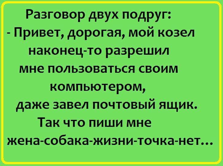 Разговор двух подруг Привет дорогая мой козел наконец то разрешил мне пользоваться своим компьютером даже завел почтовый ящик Так что пиши мне жена собака жизни точка нет