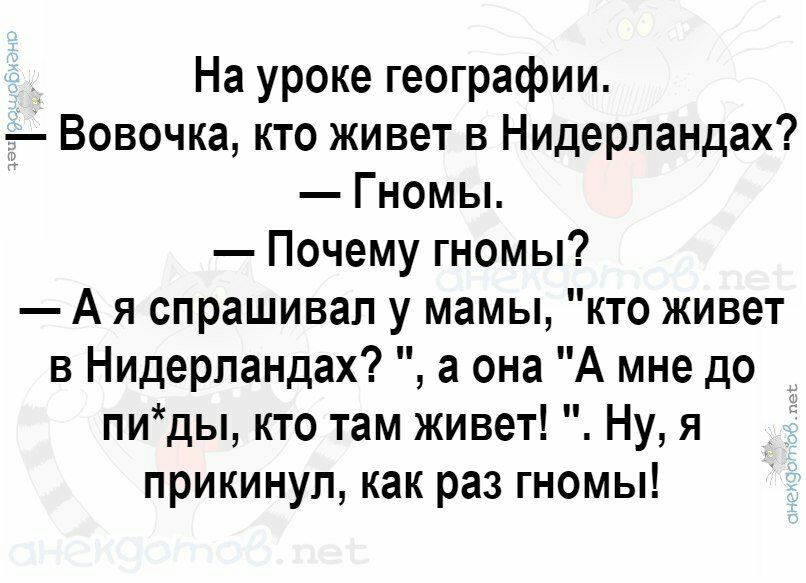 На уроке географии Вовочка кто живет в Нидерландах Гномы Почему гномы А я спрашивал у мамы кто живет в Нидерландах а она А мне до пиды кто там живет Ну я прикинул как раз гномы