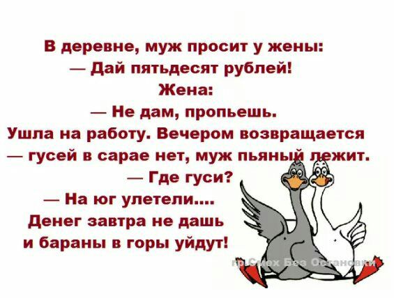 в деревне муж просит у жены дай пятьдесят рублей Жена Не дам пропьешь Ушла на работу Вечером возвращается гусей в сарае нет муж пьянь Где гуси На юг упетепи денег завтра не дашь и бдраиы в горы уйдут
