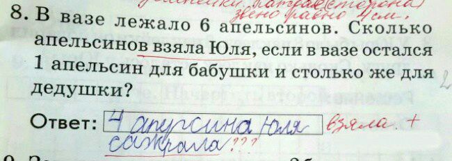 _7ь7 мат лю В в л ЖИ ежало 6 апельсинов Сколько апвльсинов взяла Юля если в вазе остался 1 апельсин для бабушки и столько же для дедушки Ответ гика