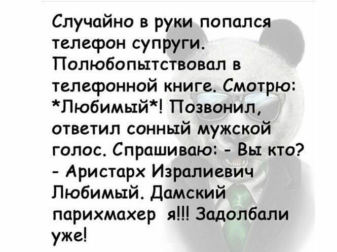 Случайно в руки попался телефон супруги Полюбопьттствовал в телефонной книге Смотрю ЛюбимыйЧ Позвонил ответил сонный мужской голос Спрашиваю Вы кто Аристарх Изралиевич Любимый Дамский парихмахер я Задолбали уже