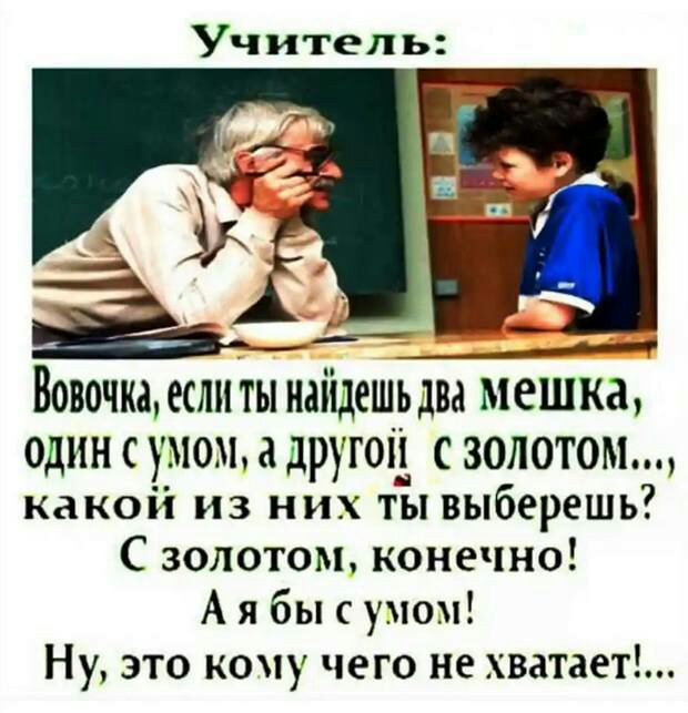 Учитель ВОВОПЮ если ТЫ найдешьдва мешка один с умом другой с золотом какой из них ты выберешь С золотом конечно А я бы с умом Ну это кону чего не хватает