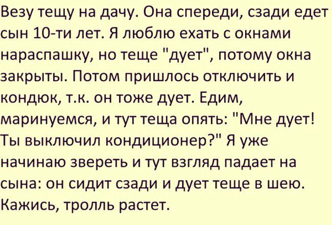 Везу тещу на дачу Она спереди сзади едет сын 10 ти лет Я люблю ехать с окнами нараспашку но теще дует потому окна закрыты Потом пришлось отключить и кондюк тк он тоже дует Едим маринуемся и тут теща опять Мне дует Ты выключил кондиционер Я уже начинаю звереть и тут взгляд падает на сына он сидит сзади и дует теще в шею Кажись тролль растет