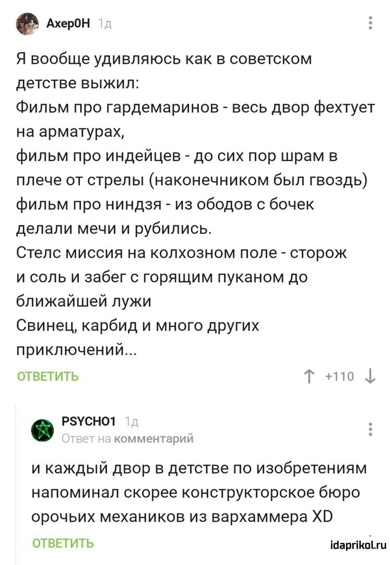 АхерОН Я вообще удивляюсь как в советском детстве выжил Фильм про гардемаринов весь двор фехтует на арматурах фильм про индейцев до сих пор шрам в плече от стрелы наконечником был гвоздь фильм про ниндзя из ободов с бочек делали мечи и рубились Стелс миссия на колхозном поле сторож и соль и забег с горящим пуканом до ближайшей лужи Свинец карбид и много других приключений ответить Т 110 1 РЗУСН01 