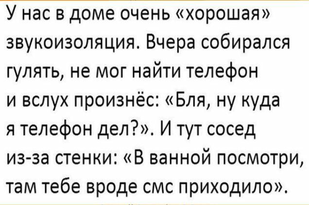 У нас в доме очень хорошая звукоизоляция Вчера собирался гулять не мог найти телефон и вслух произнёс Бля ну куда я телефон дел И тут сосед из за стенки В ванной посмотри там тебе вроде смс приходило