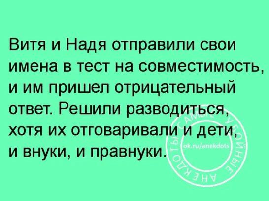 Витя и Надя отправили свои имена в тест на совместимость и им пришел отрицательный ответ Решили разводиться хотя их отговаривали и дети и внуки и правнуки