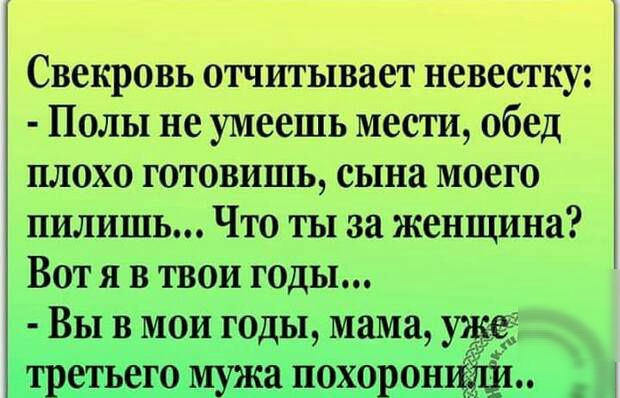 Свекровь отчитывает невестку Полы не умеешь мести обед плохо готовишь сына моего пилишь Что ты за женщина Вот я в твои годы Вь_1 в мои годы мама _ _ 31