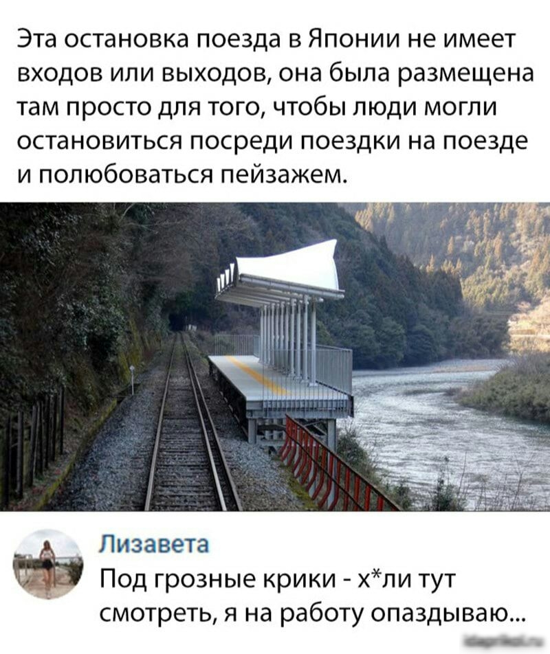 Эта остановка поезда в Японии не имеет входов или выходов она была размещена там просто для того чтобы люди могли остановиться посреди поездки на поезде и полюбоваться пейзажем Лизавета х_ Под грозные крики хли тут смотреть я на работу опаздываю