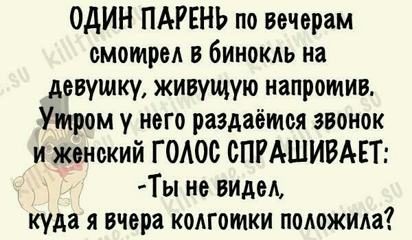 ОДИН ПАРЕНЬ по вечерам смотре в бинокль на девушку живущую напротив Утром у него раздаётся звонок и женский ГОАОС СПРАШИВАЕТ Ты не виде куда я вчера коАготки подожма