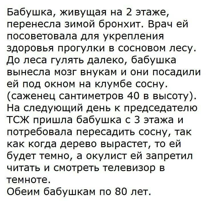 Бабушка живущая на 2 этаже перенесла зимой бронхит Врач ей посоветовала для укрепления здоровья прогулки в сосновом лесу До леса гулять далеко бабушка вынесла мозг внукам и они посадили ей под окном на клумбе сосну саженец сантиметров 40 в высоту На следующий день к председателю ТСЖ пришла бабушка с 3 этажа и потребовала пересадить сосну так как когда дерево вырастет то ей будет темно а окулист ей