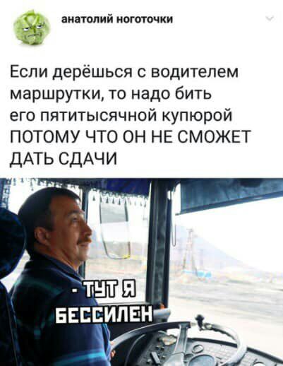 аммоний ниточки ___ Если дерёшься с водителем маршрутки то надо бить его пятитысячной купюрой ПОТОМУ ЧТО ОН НЕ СМОЖЕТ ДАТЬ СДАЧИ