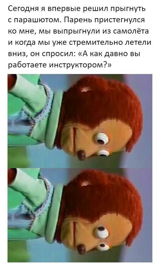 Сегодня я впервые решил прыгнуть с парашютом Парень пристегнупся ко мне мы выпрыгнупи из самолёта и когда мы уже стремительно летели вниз он спросил А как давно вы работаете инструктором