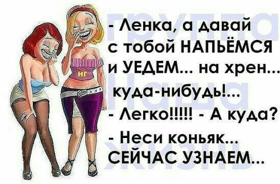 Аенка а давай с тобой НАПЬЁМСЯ и УЕАЕМ на хрен куда нибудь Аегко А куда д Неси коньяк СЕИЧАС УЗНАЕМ