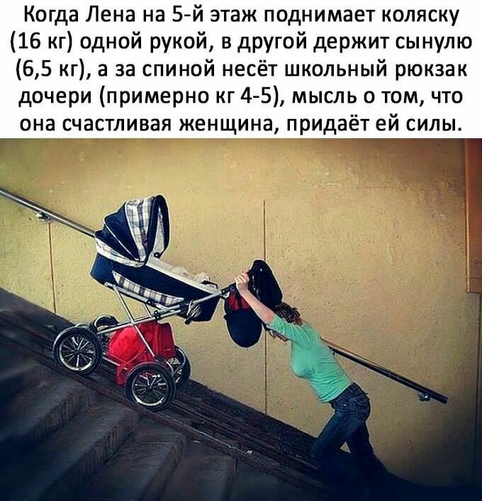Когда Лена на 5 й этаж поднимает коляску 16 кг одной рукой в другой держит сынулю 65 кг а за спиной несёт школьный рюкзак дочери примерно кг 4 5 мысль о том что она счастливая женщина придаёт ей силы