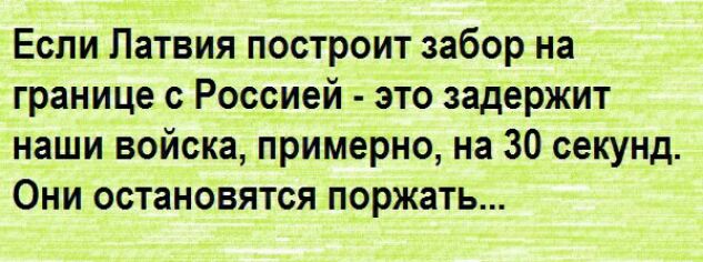 ЕслиЛатвия построит забор на границе с Россией это задержут наши войска примерно на 30 секунд Они остановятся поржать