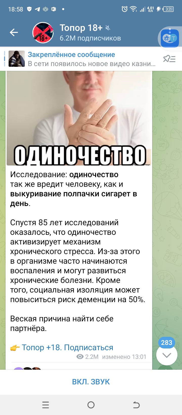 55 04 Топор 18 а им подписчиков Закрепленное сообщение _ в сети появилось навоз видео казни Исследование одиночество так же вредит человеку как и выкуривание полпачки сигарет в день Спустя 85 лет исследований оказалось что одиночество активизирует механизм хронического стресса ИзАза этого в организме часто начинаются воспаления и могут развиться хронические болезни Кроме того социальная изоляция м