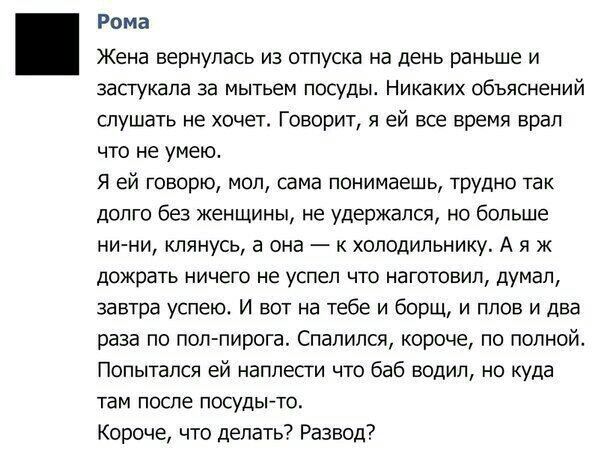 Рома Жена вернулась из отпуска на день раньше и засгукала за мытьем посуды Никаких объяснений слушать не хочет Говорит я ей все время врал что не умею Я ей говорю мол сама понимаешь трудно так долго без женщины не удержался но больше ни ни клянусь а она к холодильнику А я ж дожрать ничего не успел что наготовил думал завтра успею И вот на тебе и борщ и плов и два раза по полпирога Спапился короче 