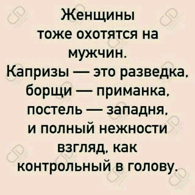 Женщины тоже охотятся на мужчин Капризы это разведка борщи приманка постель западня и полный нежности взгляд как контрольный в голову