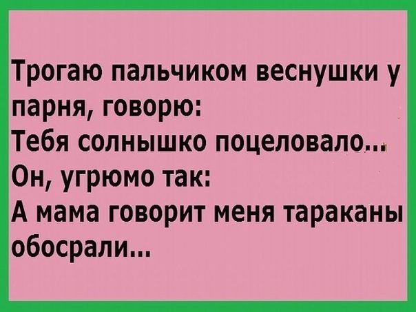 Трогаю пальчиком веснушки у парня говорю Тебя солнышко поцеловала Он угрюмо так А мама говорит меня тараканы обосрали