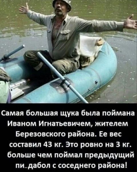 Самая большая щука была поймана Иваном Итатьевичем жителем Березовского района Ее вес составил 43 кг Это ровно на 3 кг больше чем поймал предыдущий пидабол с соседнего района