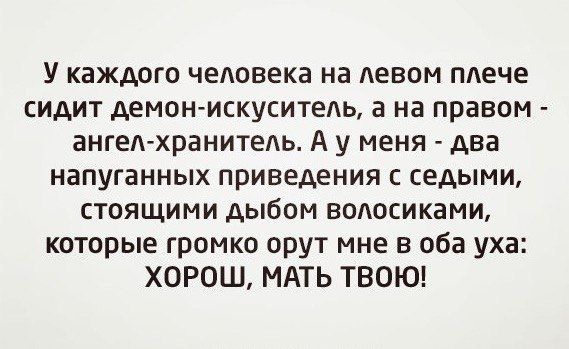 У каждого человека на девом тече сидит демон искуситель а на правом ангел хранитель А у меня дна напуганных приведения с седыми стоящими дыбом волосиками которые громко орут мне в оба уха ХОРОШ МАТЬ ТВОЮ