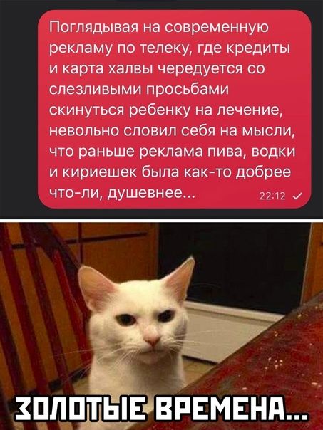 Поглядывая на современную рекламу по телеку где кредиты и карта халвы чередуется со спевливыми просьбами скинуться ребенку на лечение невольно словил себя на мысли что раньше реклама пива водки и кириешек была как то добрее чтоли душевнее 1712 кипиш ВРЕМЕНА д