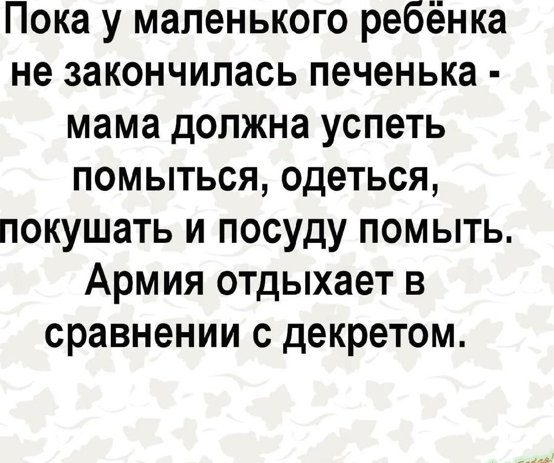 Пока у маленького ребёнка не закончилась печенька мама должна успеть помыться одеться покушать и посуду помыть Армия отдыхает в сравнении с декретом