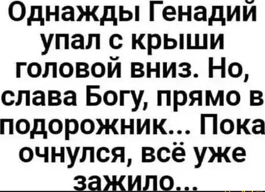 Однажды Генадий упал с крыши головой вниз Но слава Богу прямо в подорожник Пока очнулся всё уже _ззжилош___
