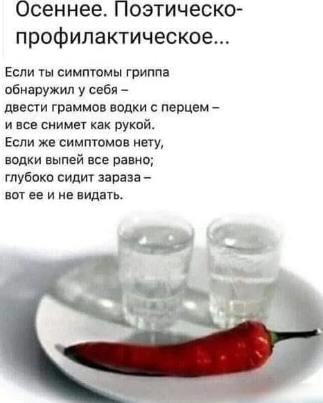 Осеннее Поэтическо профилактическое Если ты симптомы гриппа пбнвружип у себя двести граммов водки с перцем и все снимет как рукой Если же симптомов нету водки выпей все равно глубоко сидит зараза вот ее и не видать
