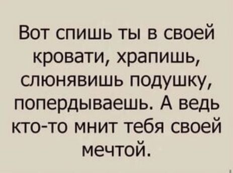 Вот спишь ты в своей кровати храпишь слюнявишь подушку попердываешь А ведь кто то мнит тебя своей мечтой