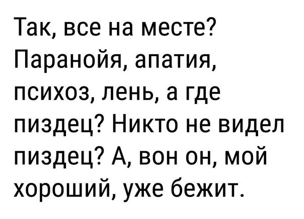 Так все на месте Паранойя апатия психоз лень а где пиздец Никто не видел пиздец А вон он мой хороший уже бежит