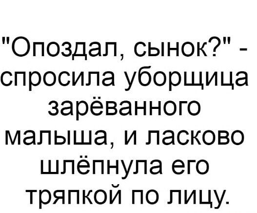 Опоздап сынок спросила уборщица зарёванного малыша и ласково шпёпнупа его тряпкой по лицу