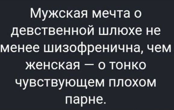 Мужская мечта о девственной шлюхе не менее шизофренична чем женская о тонко чувствующем плохом парне