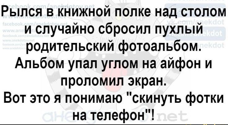 Рылся в книжной полке над столом и случайно сбросил пухлый родительский фотоальбом Альбом упал углом на айфон и пропомил экран Вот это я понимаю скинуть фотки на телефон