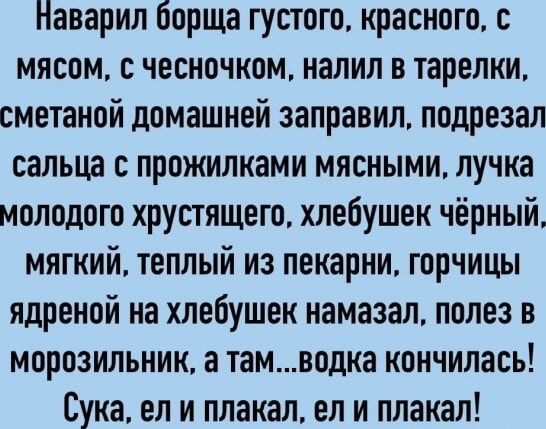 Наварил борща густого красного с мясом чесночном налил в тарелки сметаной домашней заправил подрезал сальца с прожилками мясными пучка молодого хрустящего хлебушек чёрный мягкий теплый из пекарни горчицы ядреной на хлебушек намазал полез в морозильник а тамводка кончилась Сука ел и плакал ел и плакал