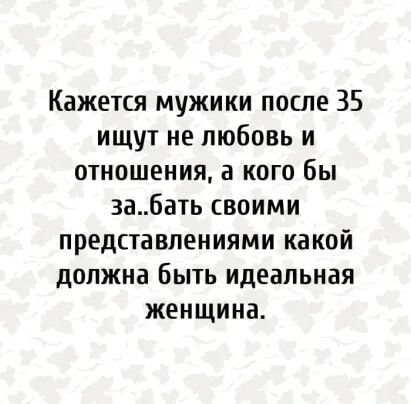 Кажется мужики после 35 ищут не любовь и отношения а кого бы 3а6ать своими представлениями какой должна быть идеальная женщина