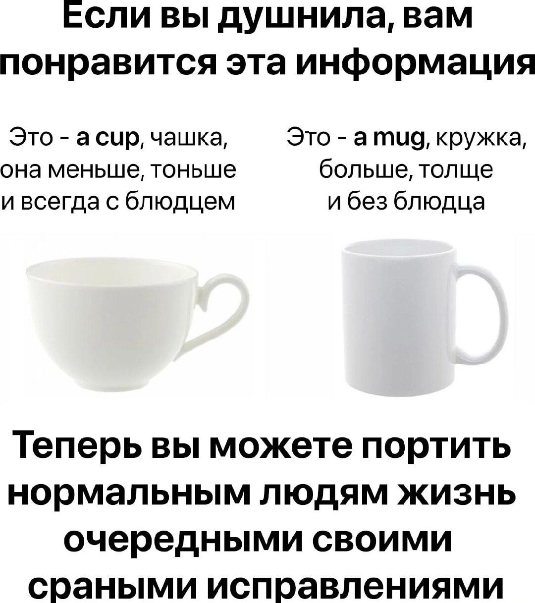 Если вы душнила вам понравится эта информация Это а сир чашка Это а ти9 кружка она меньше тоньше больше толще и всегда блюдцем и без блюдца Теперь ВЫ МОЖЕТЕ ПОРТИТЬ нормальным ЛЮДЯМ ЖИЗНЬ очередными СВОИМИ сраными исправлениями