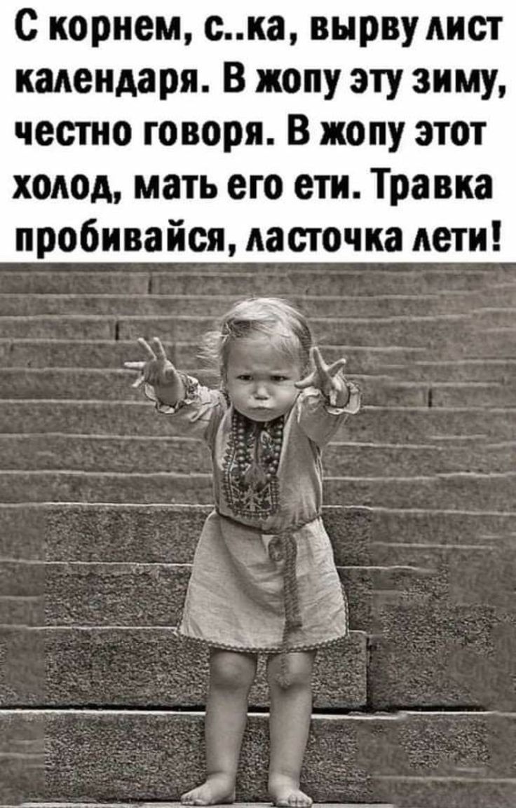 с корнем ска вырву лист кадеидаря В жопу эту зиму честно говоря В жопу этот холод мать его ети Травка пробивайся ласточка дети