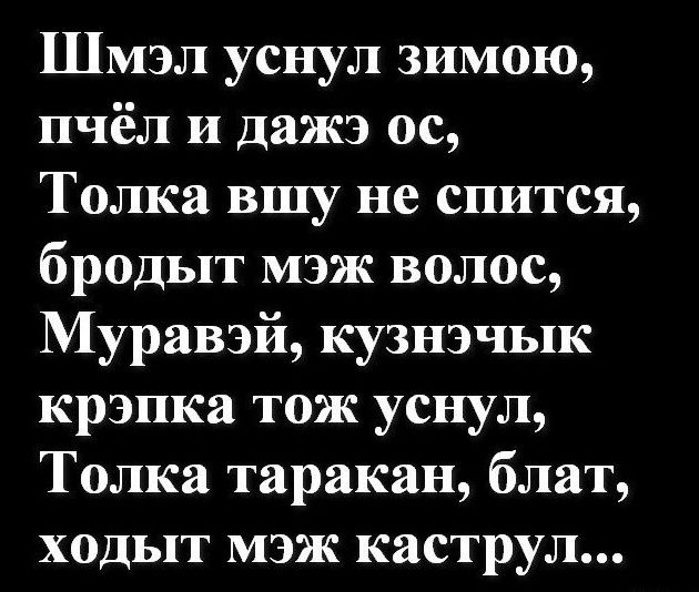 Шмэл уснул зимою пчёл и дажэ ос Толка вшу не спится бродыт мэж волос Муравэй кузнэчык крэпка тож уснул Толка таракан блат ходыт мэж каструл