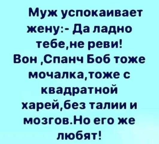 Муж успокаивает жену да ладно те6ене реви Вон Спанч Боб тоже мочапкатоже с квадратной харей6ез талии и мозговНо его же любят